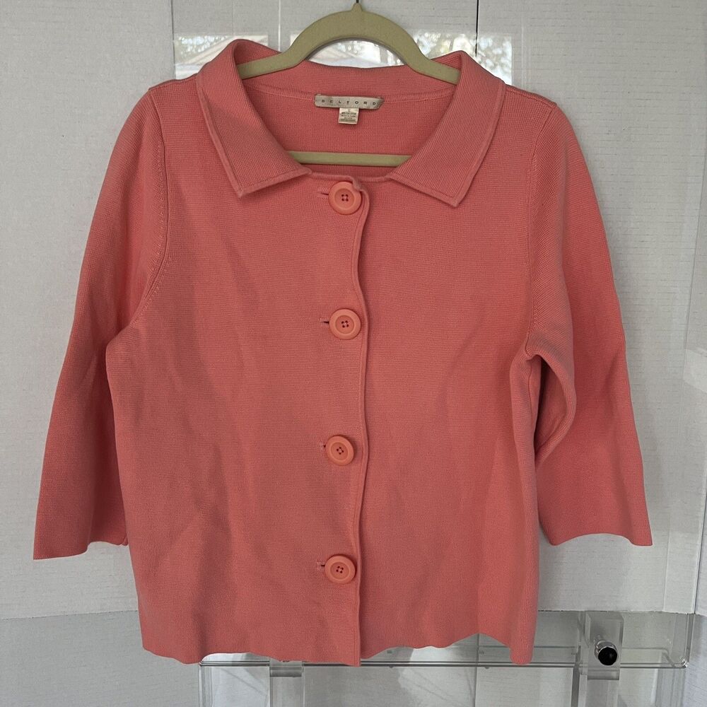 Belford Womens blouse sweater tick knit pink retro large buttons minimalist SZ L